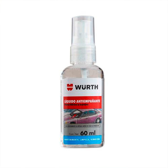 Líquido Anti Empañante de la marca Würth en formato de 60 ml, ideal para aplicar en la cara interna del parabrisas y evitar que el empañado bloquee la visión.