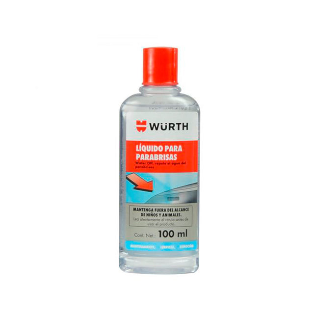 Botella de repelente de agua para vidrios WATER OFF de la marca Würth en formato de 100 ml, aplicado sobre el parabrisas de un auto para mejorar la visibilidad en días de lluvia.
